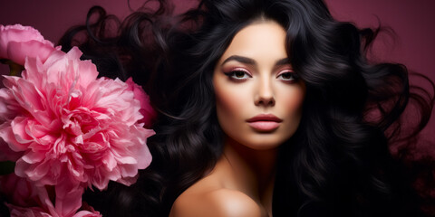 Fototapeta premium brunette with gorgeous voluminous long dense hair surrounded pionies. hair dye, hairstyle, haircare