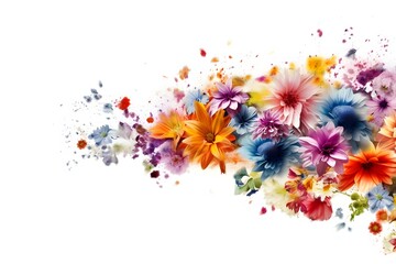 Colorful flowers on white background with watercolor splashes