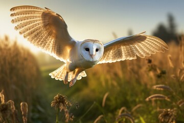 A barn owl hunting while flying over a meadow. Generative AI - obrazy, fototapety, plakaty