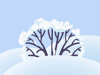 Vector cartoon drawing of a snowy landscape with a cute greeting snowman, snow covered trees and a small house