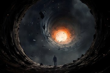 Man standing in the middle of a dark hole