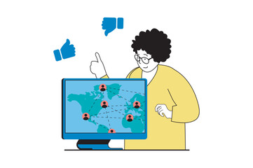 Social media concept with people scene in flat web design. Woman communicating online and connecting with friends from around world. Vector illustration for social media banner, marketing material.