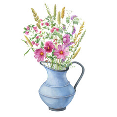 Old blue water pitcher with field mouse peas pink, vicia cracca, cosmea, viola flowers. Hand drawn watercolor painting illustration isolated on white background.