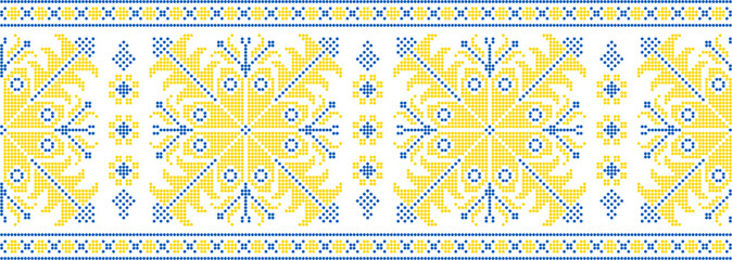 Vector illustration of Ukrainian ornament in ethnic style, identity, vyshyvanka, embroidery for print clothes, websites, banners. Background. Geometric design, border, copy space, frame