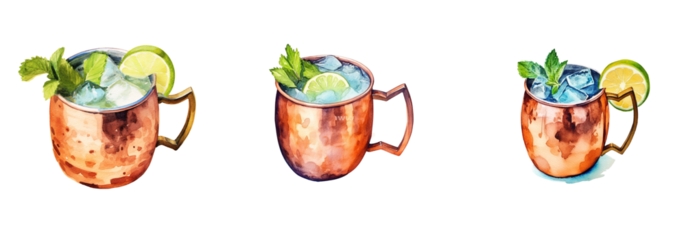 Watercolor cocktail drinks set on white background. Watercolor painting daily routine objects. Hand drawn colorful Sublimation design,white background