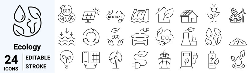 line web icons Environmental Social Governance. ecology, environment, care of the planet, nature. Set of Outline Icons. Vector illustration.