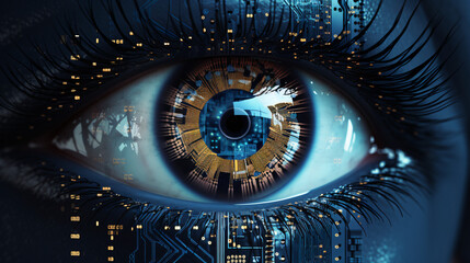 Artificial intelligence with human eye covered with technology