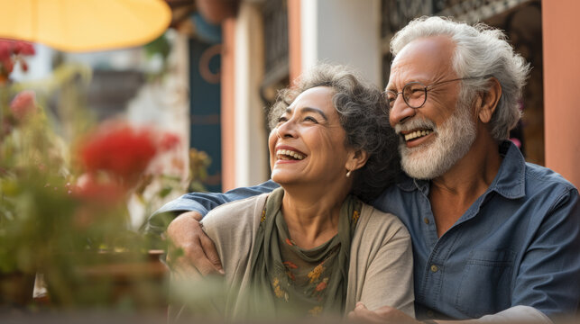 An elderly Hispanic couple enjoying outdoors, their love palpable, reflecting a Latin American immigrant's fulfilling retirement