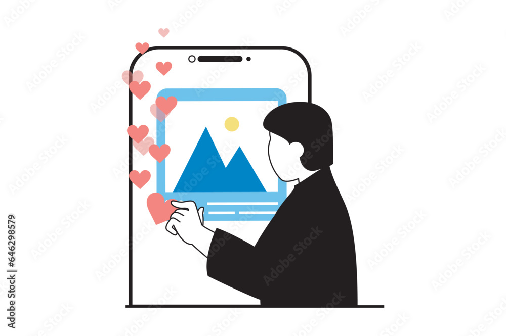 Aufkleber social media concept with people scene in flat web design. man using networks, browsing in mobile ap