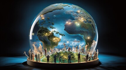 Craft a captivating photograph of a glass globe surrounded by holographic representations of clean energy advocates, showcasing the power of collective action for a greener future