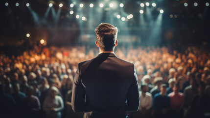 Back view of motivational speaker standing on stage in front of audience for motivation speech on conference or business event.  - obrazy, fototapety, plakaty