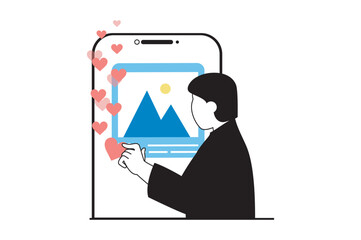 Social media concept with people scene in flat web design. Man using networks, browsing in mobile app and leaving hearts under photos. Vector illustration for social media banner, marketing material.