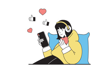 Social media concept with people scene in flat web design. Woman communicating online at mobile application and getting new reactions. Vector illustration for social media banner, marketing material.