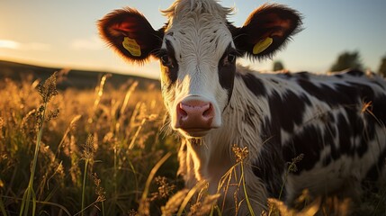 a cow stares ahead as the sun sets over a field - obrazy, fototapety, plakaty