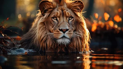 Gardinen The lion looks at his reflection in the water against the backdrop of the jungle © MBRAMO