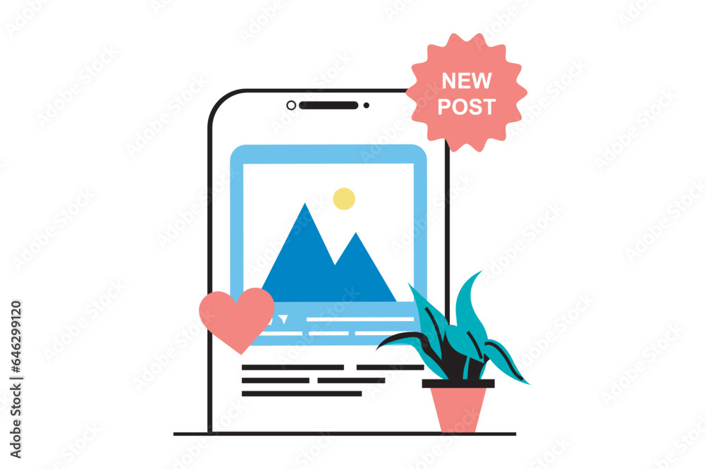 Aufkleber Social media concept with people scene in flat web design. Mobile app with networking interface with new post with photo and likes. Vector illustration for social media banner, marketing material.