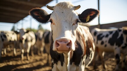 a group of dairy cows in a livestock pen with the appearance of a clean livestock pen