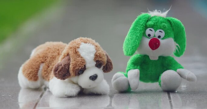 Two soft toys - a hare and a puppy get wet in the rain in the backyard of the house