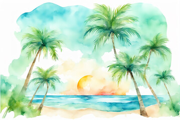 Fototapeta na wymiar generative AI, Bright seaside coconut palm sunset ink painting