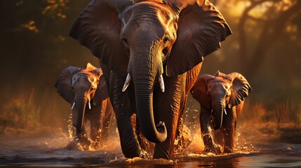 A herd of elephants walking through a puddle of water