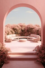 A vibrant pink archway opens up to a peaceful outdoor paradise, inviting guests to relax on plush white couches beneath the vibrant flowers and lush trees of the sky