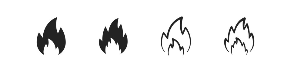 Fire icon set. Flame flat and outline vector collection. Flaming bonfire icons.
