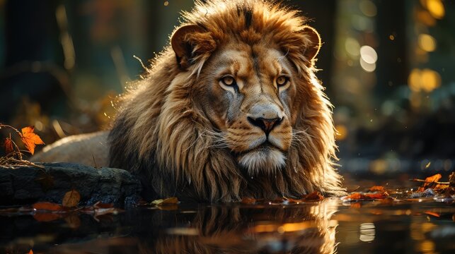 The lion looks at his reflection in the water against the backdrop of the jungle