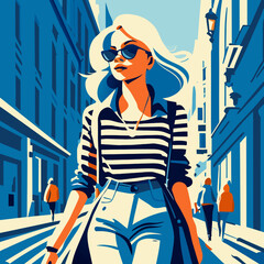 Fashionable woman walking in the city street. Vector illustration. © wannasak
