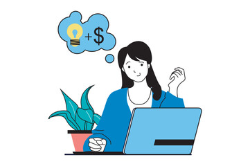 Startup business concept with people scene in flat web design. Woman creating and starting new company, brainstorming and improving. Vector illustration for social media banner, marketing material.