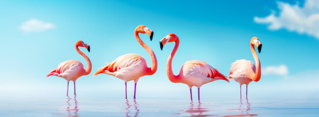 Obraz premium Travel and resort banner with pink flamingos standing in clear blue sea on clear blue sky background. Concept of summer vacation, traveling and resting on sea resort. Banner size