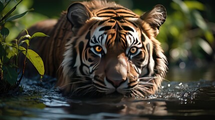 a tiger walks in the water. Wild animals. in the river flow