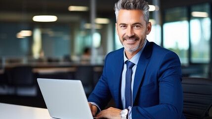 Happy smiling middle aged professional business man company executive ceo manager wearing blue suit sitting at desk in office working on laptop computer. Portrait. 