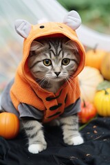 Cute kitten with Halloween costume. Generative AI