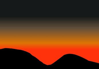 Sunset over the mountains. Hand drawn landscape panorama with gradient style.