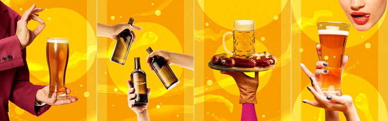 Glasses with delicious lager foamy beer over bright yellow background. Contemporary art collage. Concept of traditional festival, alcohol drink, oktoberfest, party and taste. Banner, poster, ad