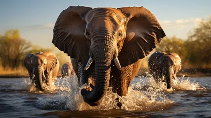 Rolgordijnen African elephant walking swinging his trunk against a forest background © MBRAMO