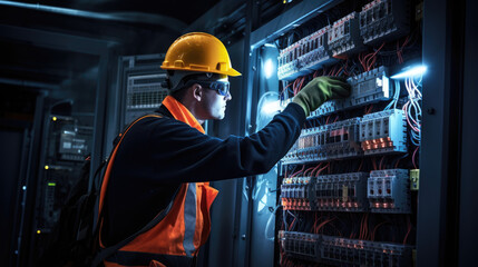 Commercial electrician at work on a fuse box, adorned in safety gear, demonstrating professionalism
