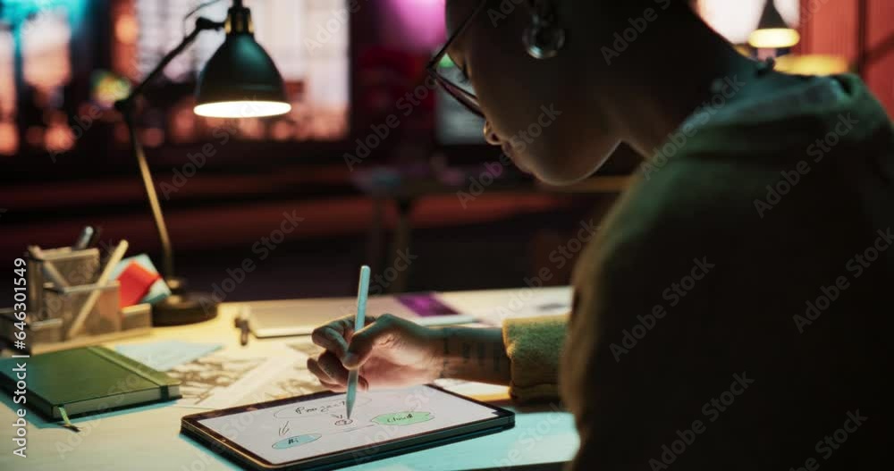 Aufkleber portrait of young black female entrepreneur mind mapping on a digital tablet in creative office at n