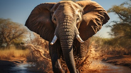 An African elephant walks swinging its trunk over a puddle of water
