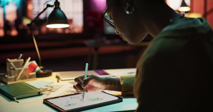 Portrait of Young Black Female Entrepreneur Mind Mapping on a Digital Tablet in Creative Office at Night. Director Using Technology and Visualising to Brainstorm for the New Marketing Strategy