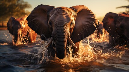 An elephant is enjoying bathing with his herd