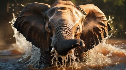 An elephant is enjoying bathing with its trunk spouting water