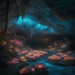 A surreal, bioluminescent cave filled with glowing, crystal-like flowers that thrive in the darkness2