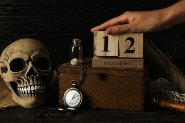 Columbus Day. Skull with a calendar and a clock