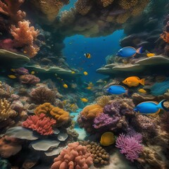 Fototapeta na wymiar A coral reef in the shape of an enormous flower, teeming with vibrant marine life and colorful fish2