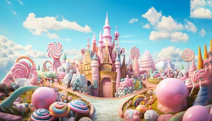 Fotobehang A castle made of pastel colored sweets in the clouds. © Santijago