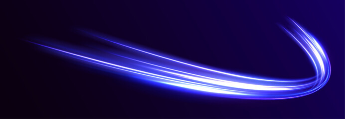 Neon line as speed or arc, turn, twist, bend in light effect. Light arc in neon colors, in the form of a turn and a zigzag. Abstract background in blue, yellow and orange neon colors.