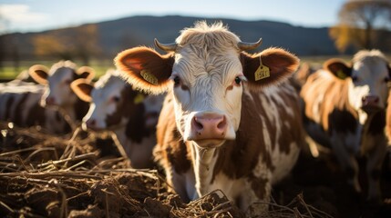 Cows eating hay in the pen. in a cattle ranch