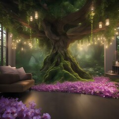 A tree covered in cascading vines and delicate, iridescent orchids, hidden deep within a lush jungle1