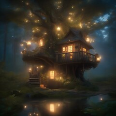 A treehouse in the heart of a mystical forest, surrounded by glowing firefly-like fairies and their flowers3